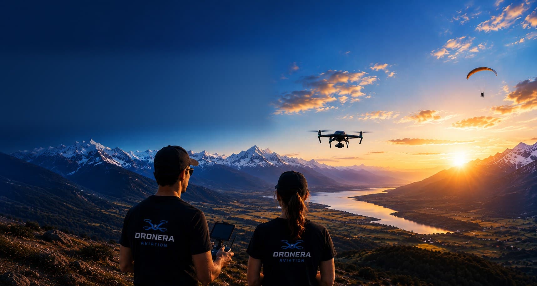 Two Dronera pilots flying a drone over a mountain valley at sunset